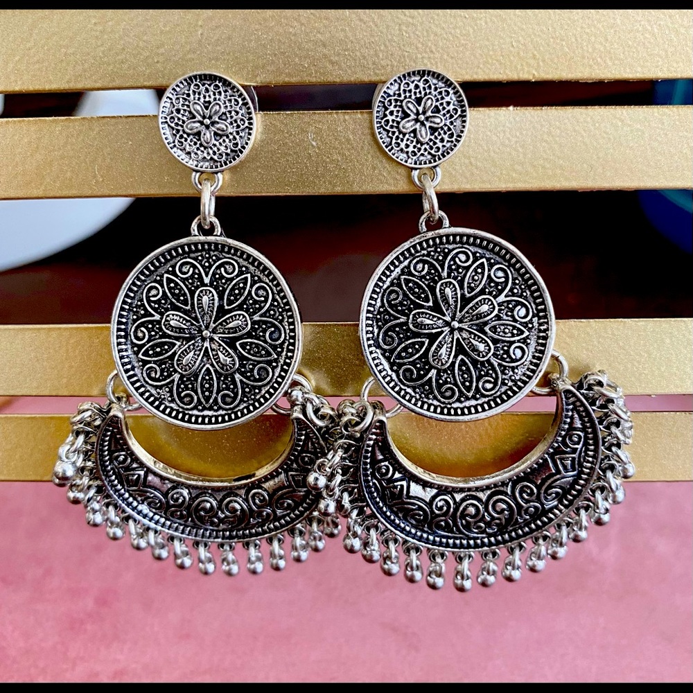 Silver Bohemian post, dangle earrings